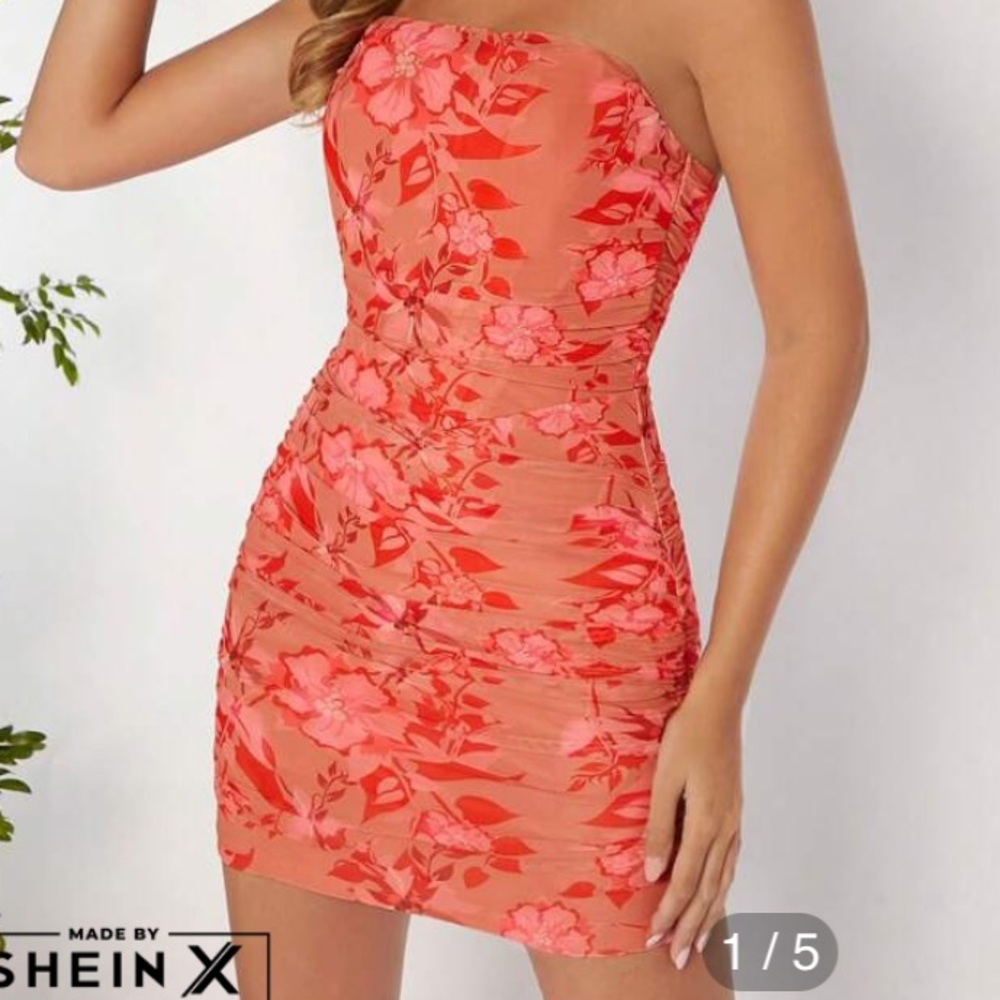 SHEIN X Minami Floral Print Ruched Mesh Tube Bodycon Dress